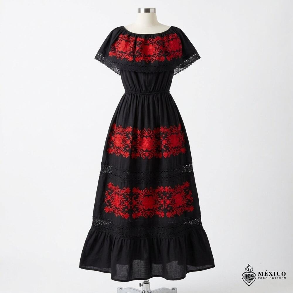 Red Mexican black peasent  dress day of the dead  fits best Small Medium
